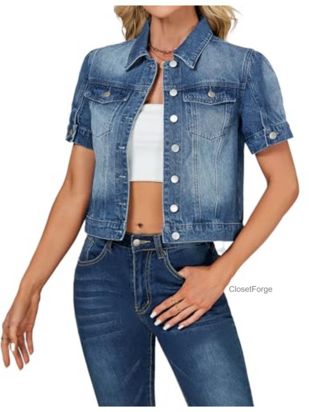 Short Sleeve Denim Jacket Women Cropped Puff Jean Jacket Summer Crop Cardigan